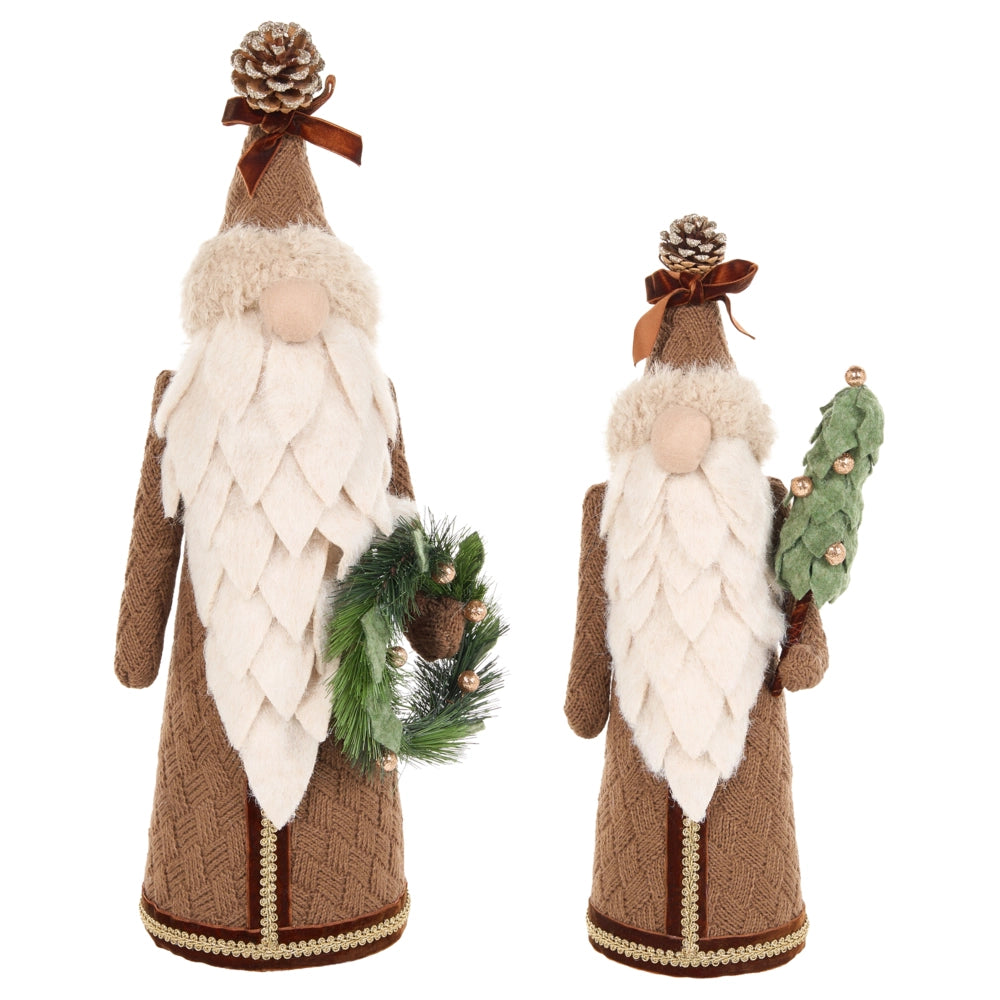 Set di 2 statuette di gnomi marroni in legno di pino fatte a mano, decorazioni natalizie