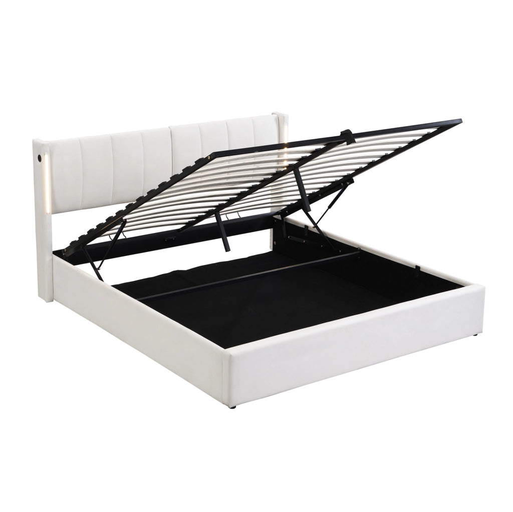 Letto contenitore 180x200 cm con LED; USB C e testiera regolabile; PU bianco