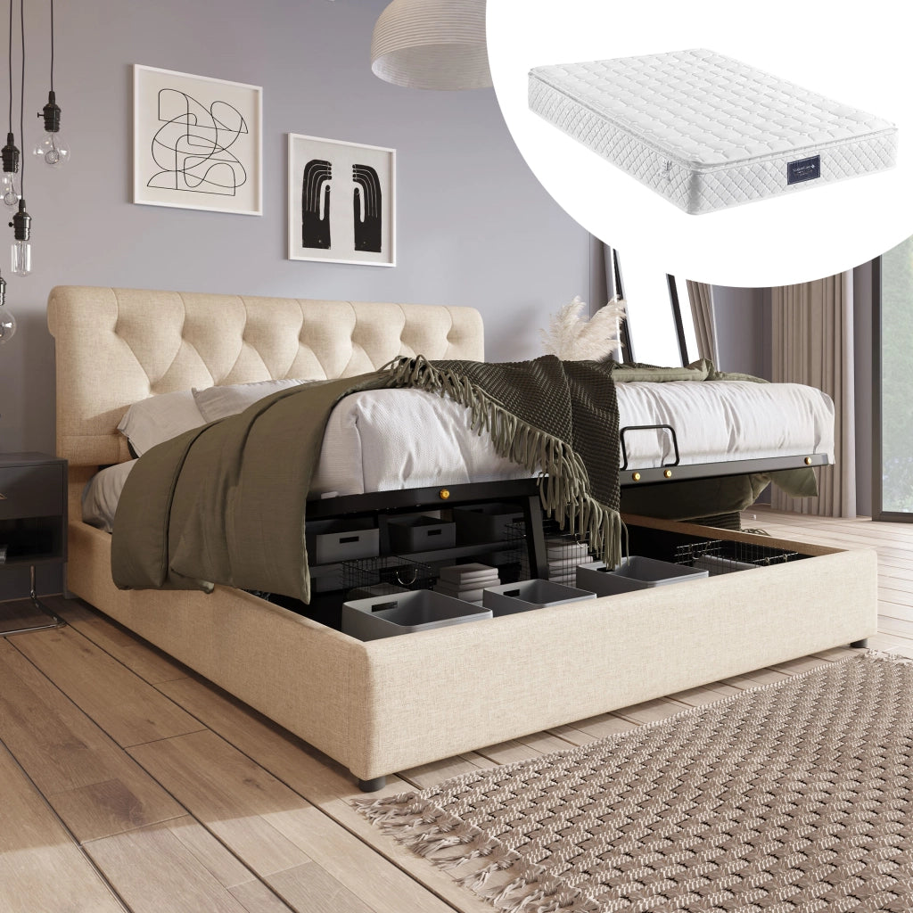 Letto contenitore matrimoniale 160 × 200 cm con testiera regolabile, contenitore idraulico, materasso incluso, lino naturale