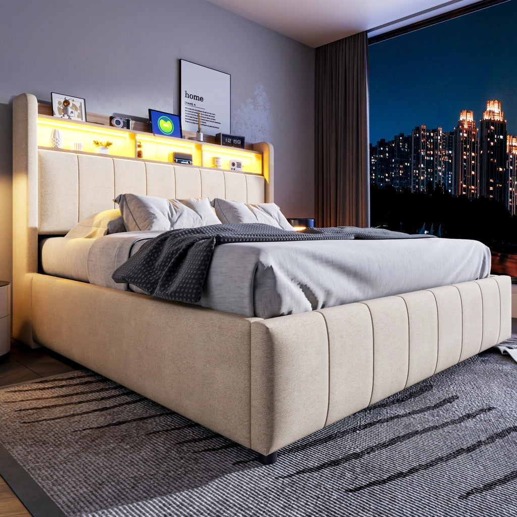 Letto matrimoniale imbottito 160 × 200 cm con contenitore LED USB e testiera in tessuto di lino beige