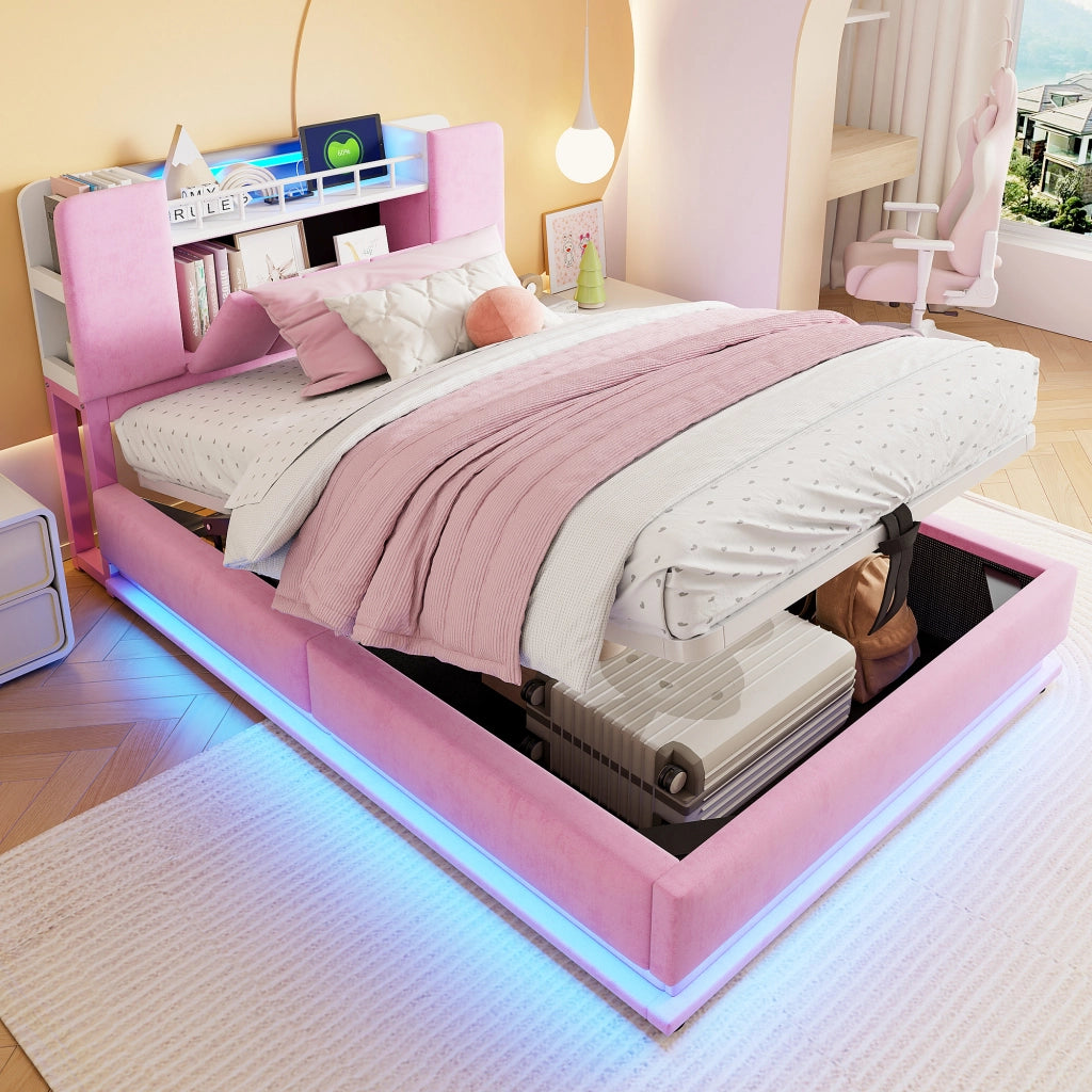Letto imbottito per bambini 90×200 cm con LED; USB e contenitore idraulico; senza materasso; rosa