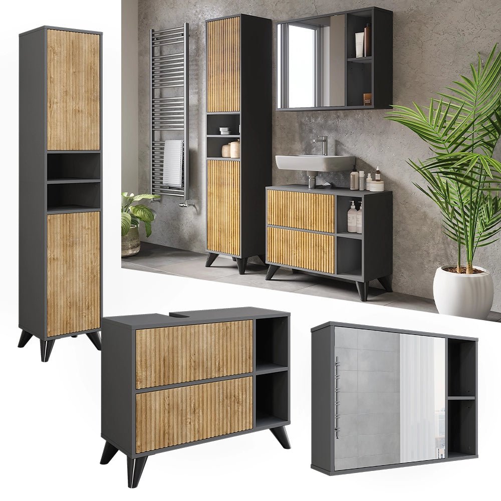 Vicco Set di mobili da bagno Antracite/quercia di montagna 80 cm, set 3