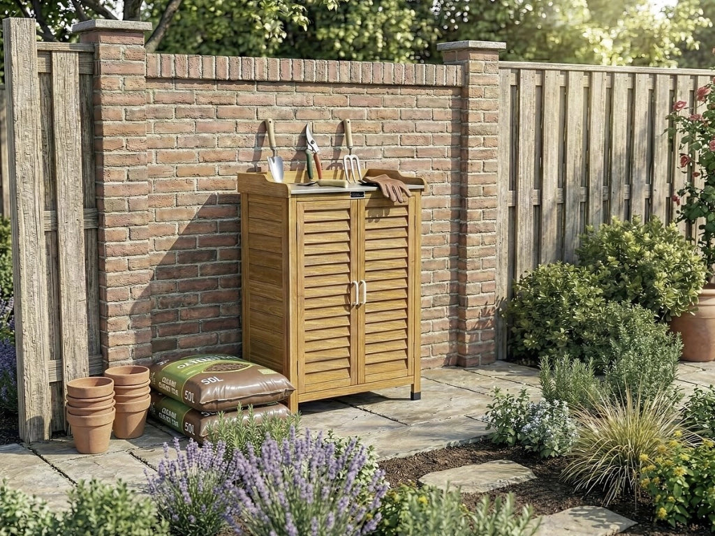 Armadio da giardino in legno con rotelle "Alexia" - 66 x 41 x 101 cm - Marrone