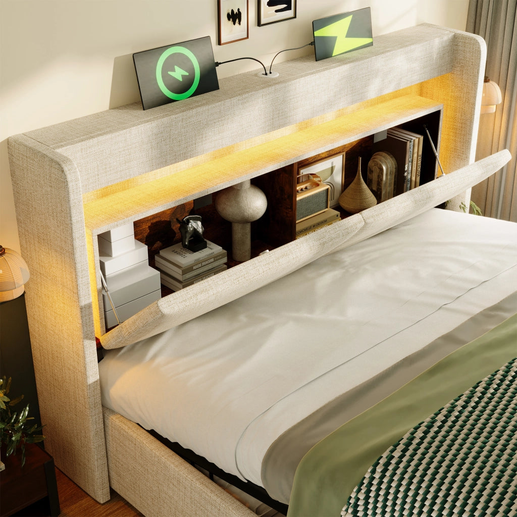 Letto contenitore 160x200 cm beige con materasso e LED