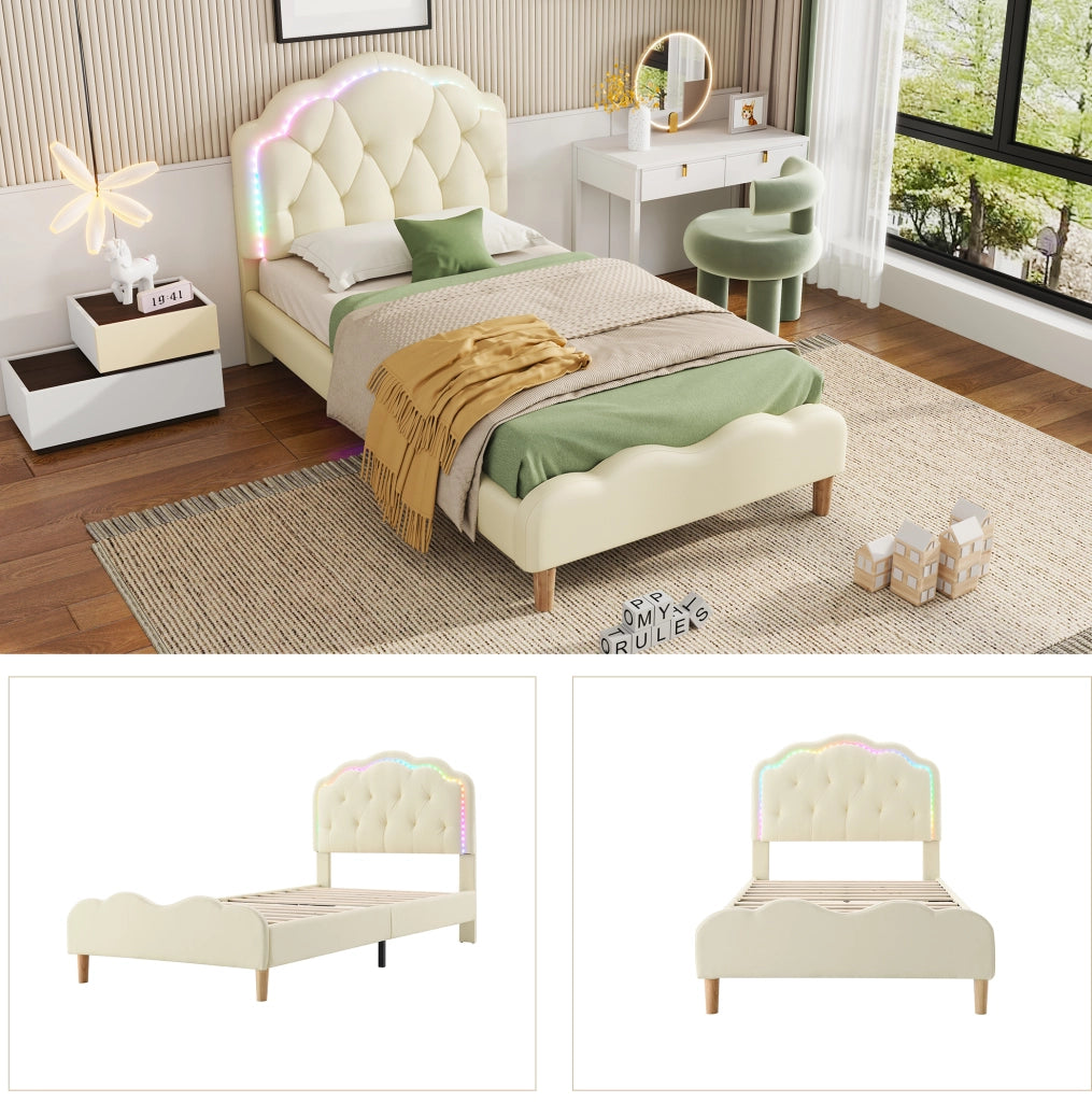 Letto imbottito singolo 90x200 cm con testiera ondulata in PU beige e strisce LED multicolore