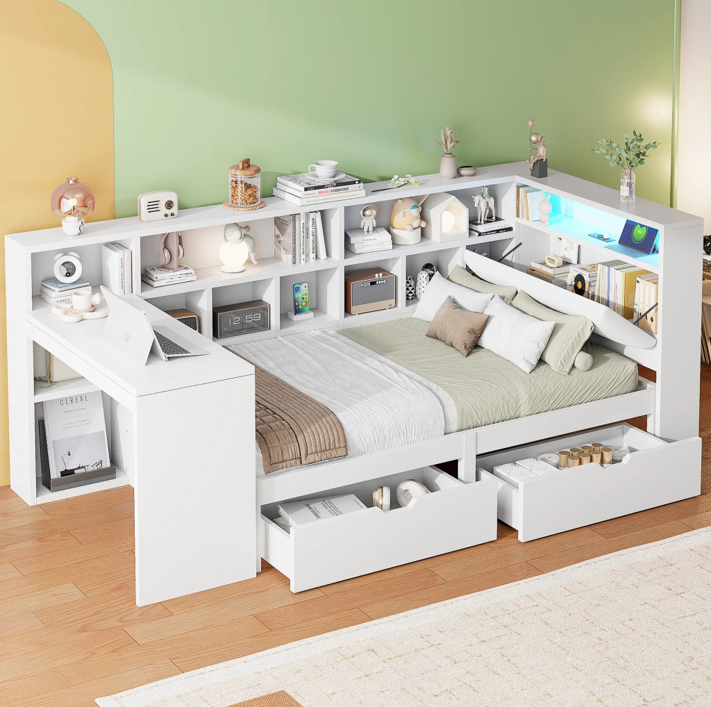 Letto singolo 90x200 con scrivania, libreria, LED e USB