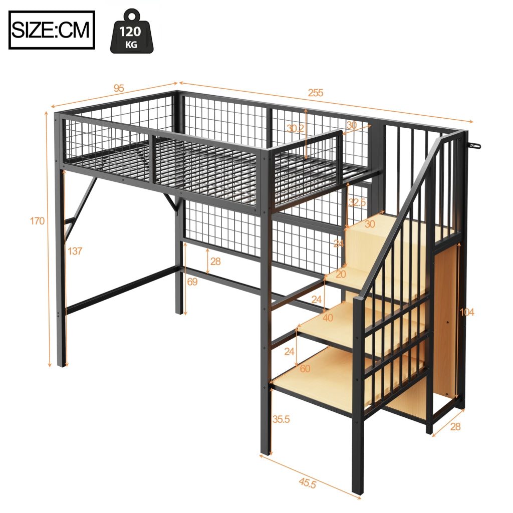 Letto a castello funzionale metallo nero 90x200 cm