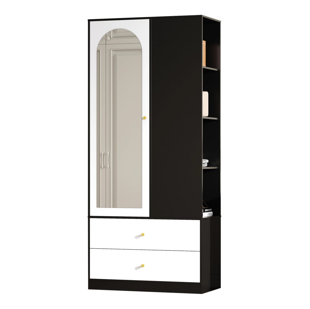 Armadio 1 anta con specchio; 2 cassetti e 4 ripiani; 80 × 40 × 180 cm; bianco e nero