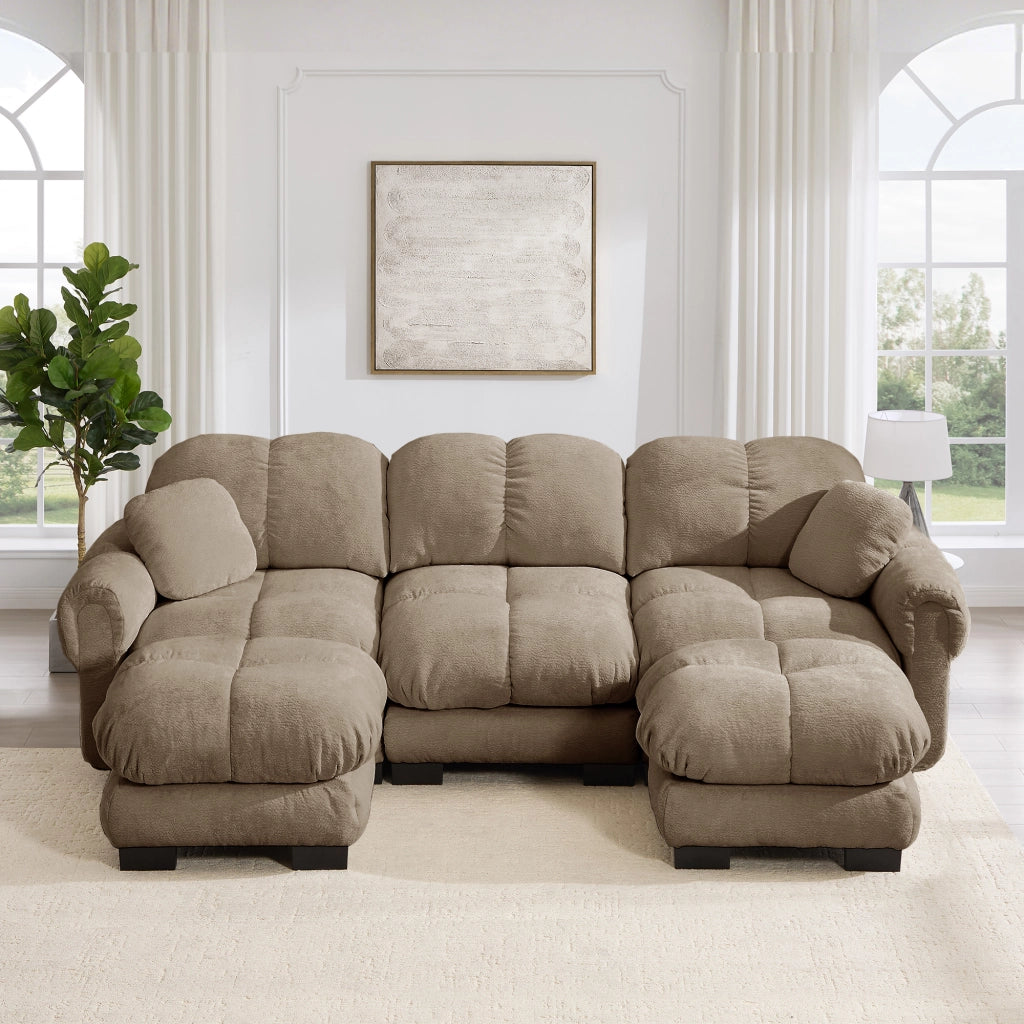 Divano modulare in ciniglia con sedute trapuntate e pouf mobili marrone 260 × 149 × 90 cm