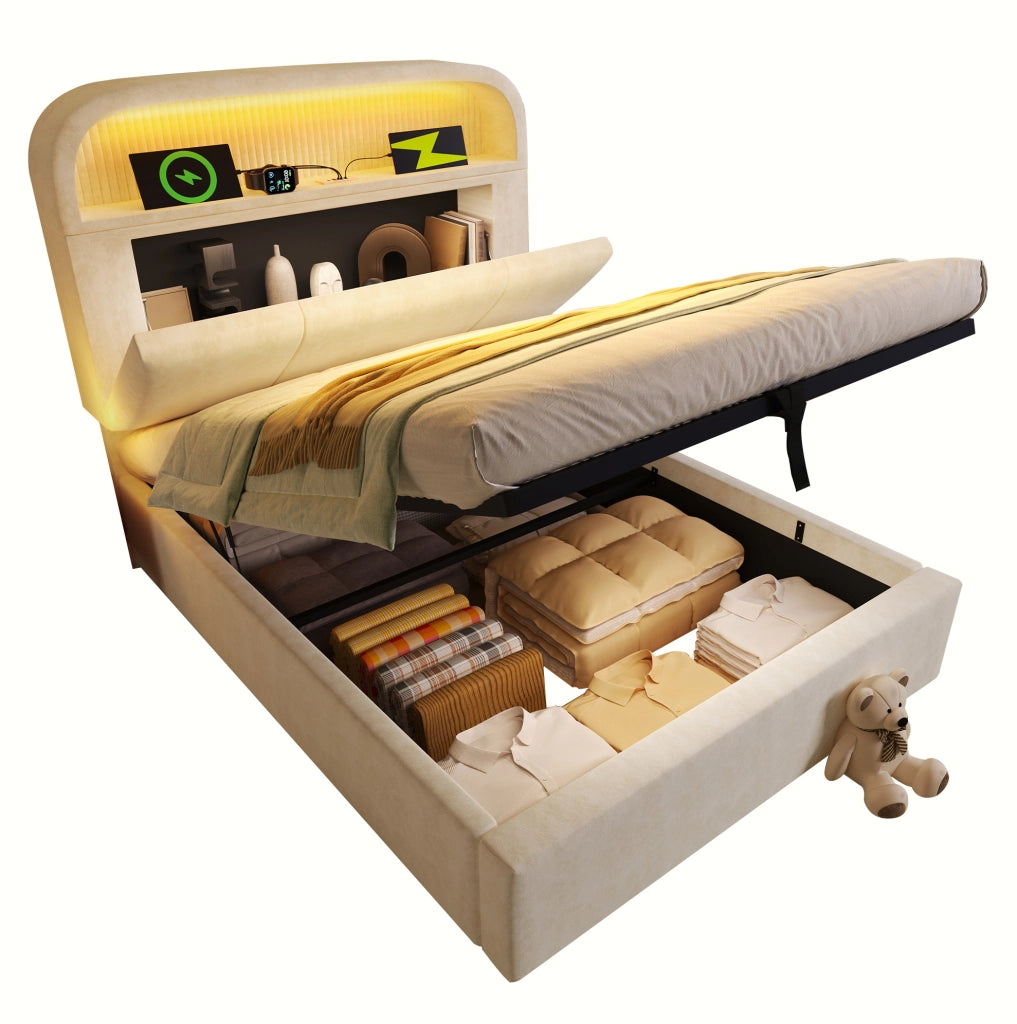 Letto singolo contenitore 90x200 cm beige con LED, USB e materasso