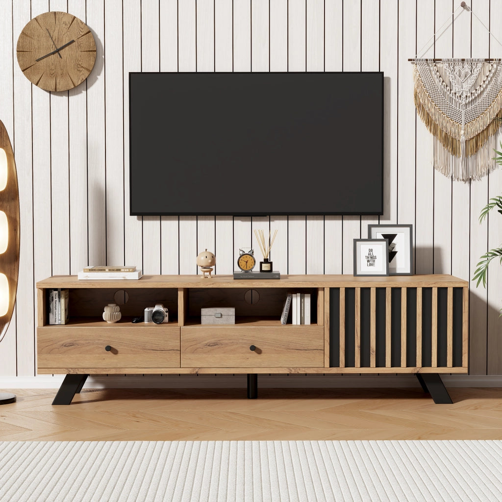 Mobile porta TV con 2 cassetti, 1 armadietto e 2 vani aperti in truciolare legno naturale e nero 150 × 38 × 44 cm
