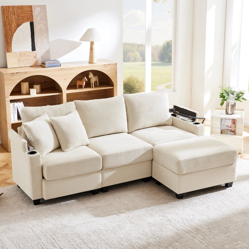 Divano Angolare 3 Posti con Poggiapiedi ¨C MINIMAL ¨C Beige, Braccioli, Cuscini