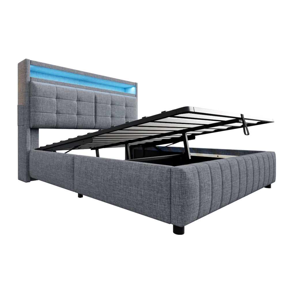 Letto imbottito 160x200 cm con LED, USB e contenitore idraulico