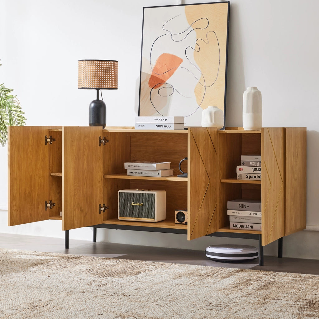 Credenza con 4 ante e ripiani regolabili; con sicura antiribaltamento - per soggiorno - in truciolare - 160×40×78 cm - naturale