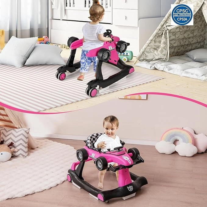 Girello per Bambini 4 in 1, Girello Pieghevole con Altezza e Velocità Regolabili, Carillon con Luci, Volante e Sedile, Primi Passi per Bambini 6-18 Mesi, Portata 15 kg (Rosa Scruro)