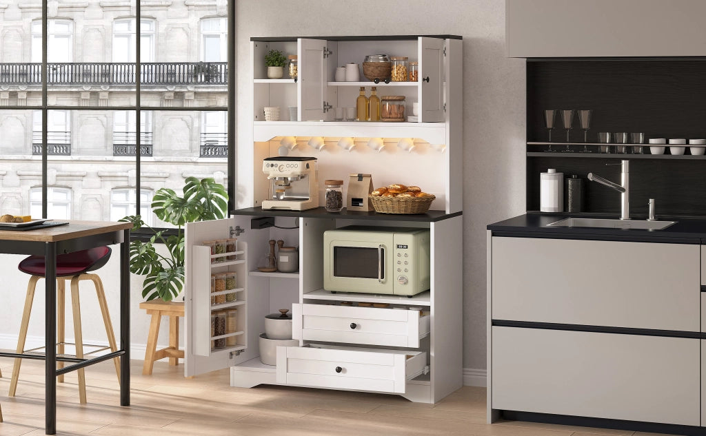 Armadio da cucina alto 100x40x163 cm con illuminazione LED, prese e USB, spazio microonde, ripiani regolabili e portaspezie. Per cucina, sala da pranzo e soggiorno