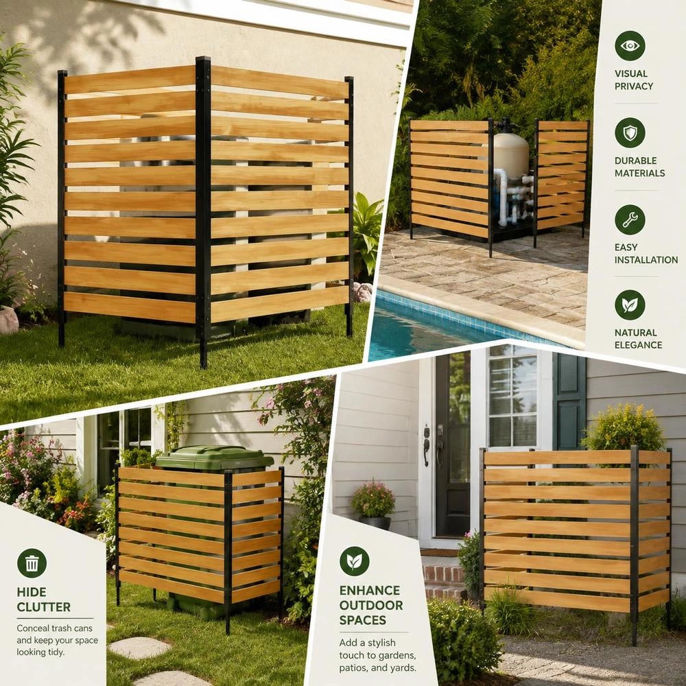 Wood Privacy Fence, 38" W X 42" L, 2-Panel Slatted Air Conditioner Fence Screen, Pool Equipment Enclosure With Metal Stakes, Easy DIY Installation, Outdoor Trash Can Hider For Garden Decoration