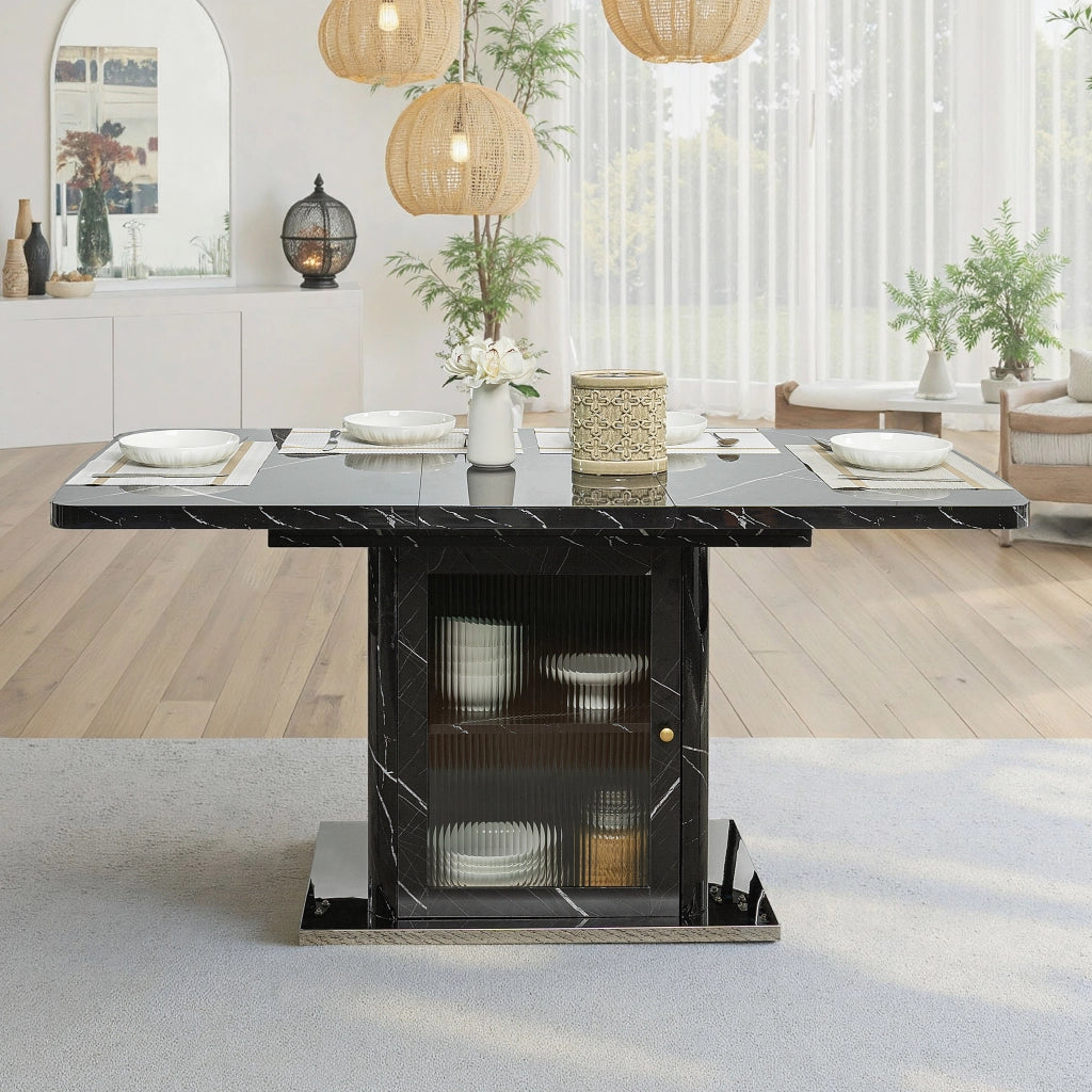 Tavolo da pranzo allungabile con mobile contenitore e ripiano regolabile MDF nero effetto marmo 120-160 ¡Á 80 ¡Á 76 cm