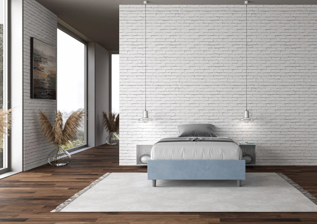 BS COM Letto singolo con rete imbottito 100x210 microfibra azzurro