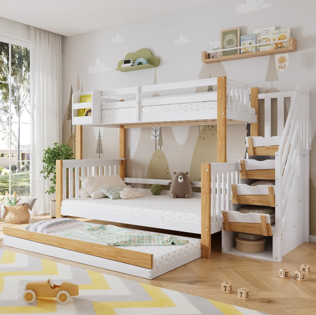 Letto a castello per bambini 120x200 cm con letto estraibile, scala contenitore e ripiani