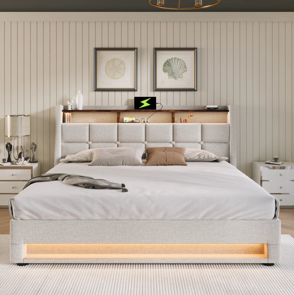Letto imbottito 140x200 cm con LED, USB e contenitore
