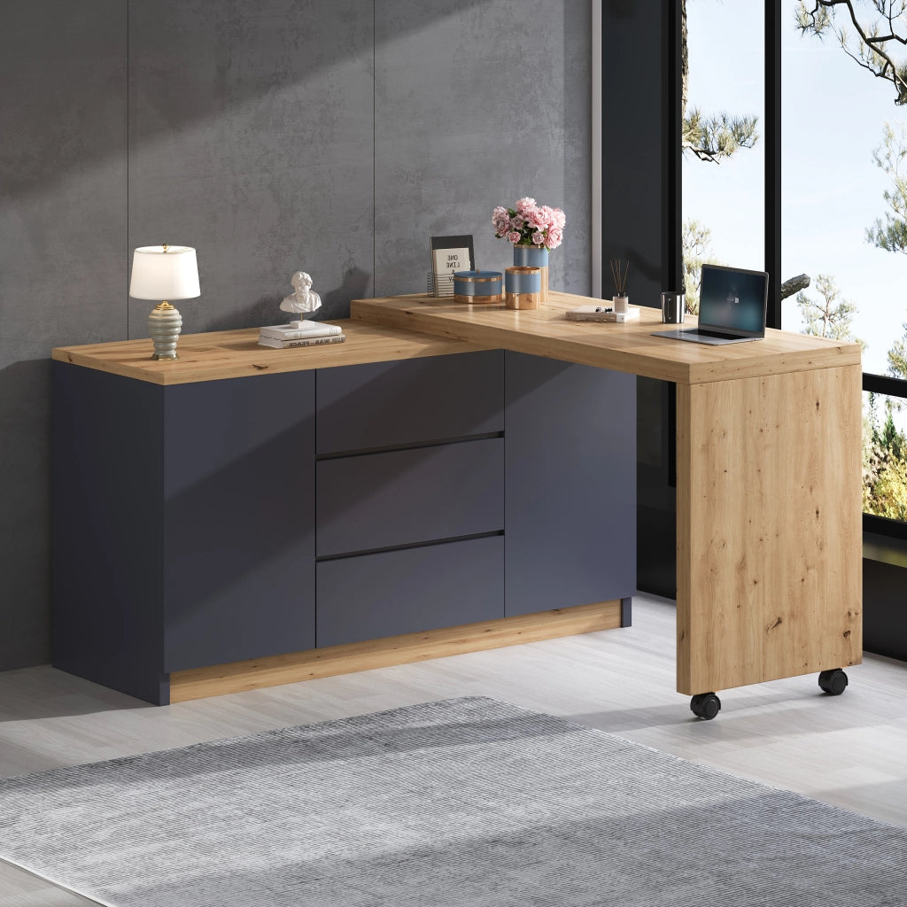 Scrivania con ruote bloccabili ¨C design multifunzionale, piano girevole spesso 4 cm, bloccabile, grigio/quercia, scrivania pieghevole, scrivania ad angolo, sideboard