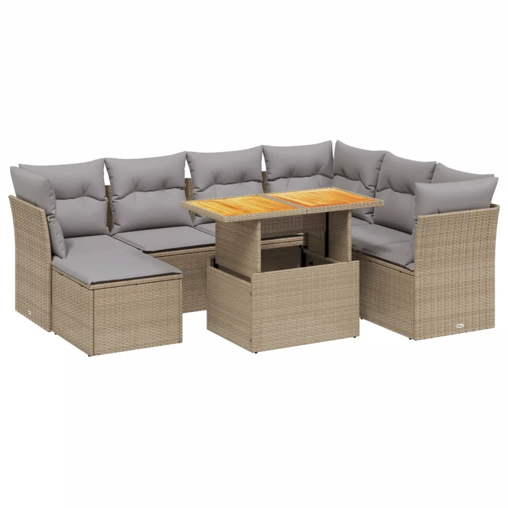 Set Divano da Giardino 8 pz con Cuscini Beige in Polyrattan