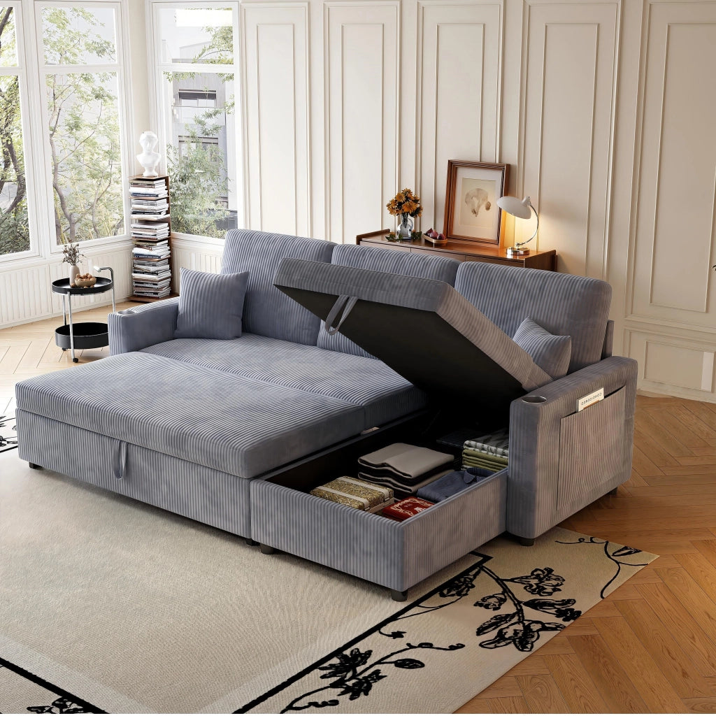 Divano letto angolare modulare - con contenitore; USB e tavolino - in corduroy grigio